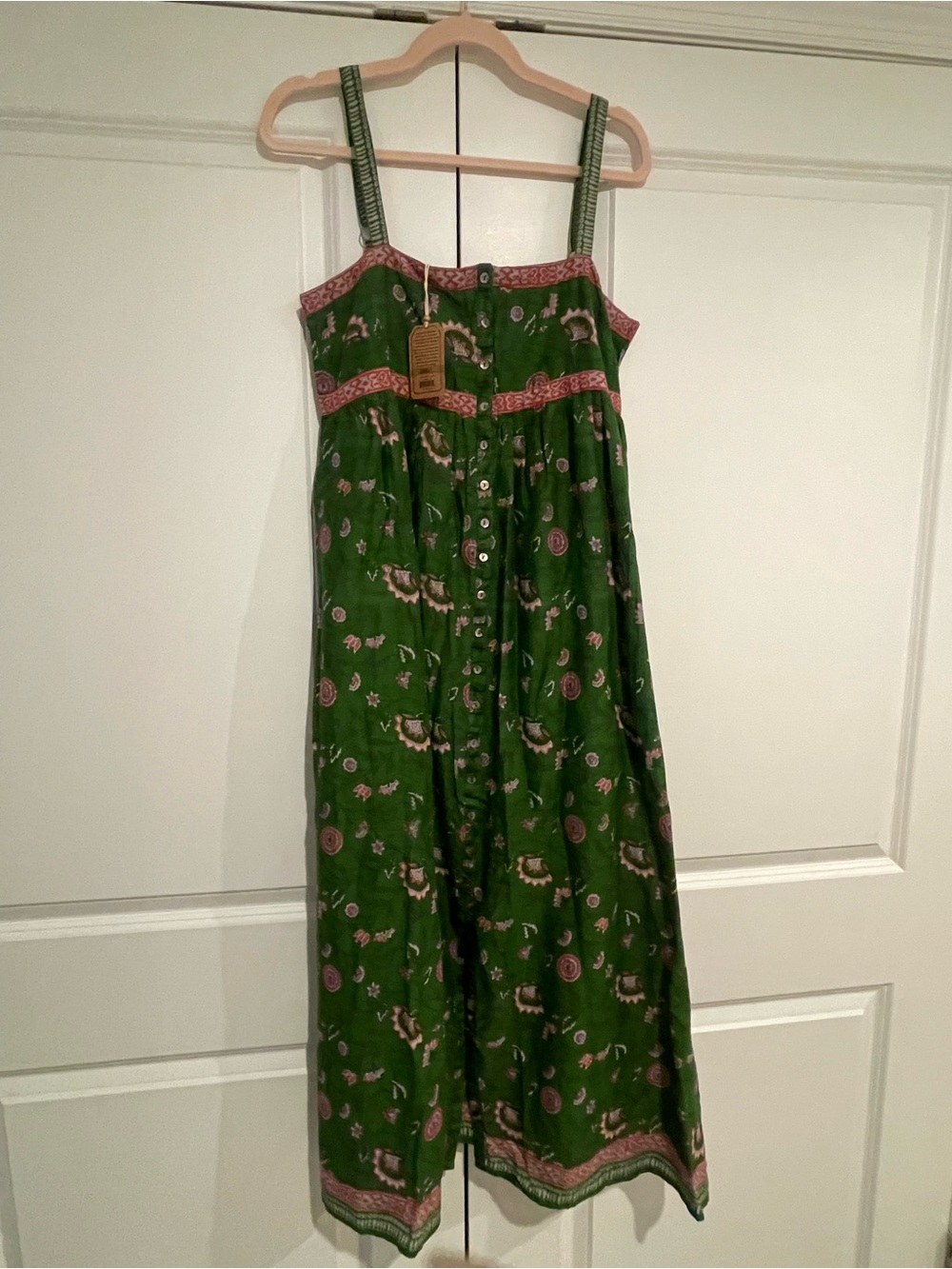 NATURAL LIFE Green Floral Button-Front Sundress with Pink Trim